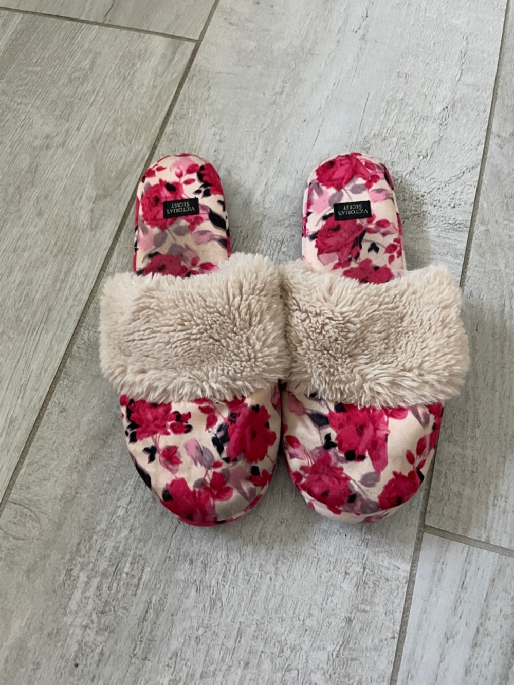 Victoria's Secret Pink Floral Plush Fur-Trim Slide Slippers
